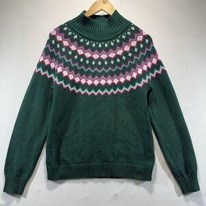 J Crew Sweater Womens Size M Green Fair Isle Mock Neck Pullover Cotton Holiday